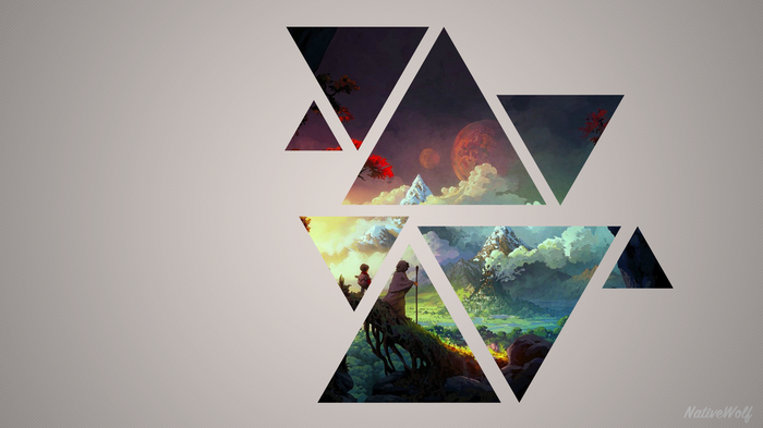 Anime landscape with geometric shapes