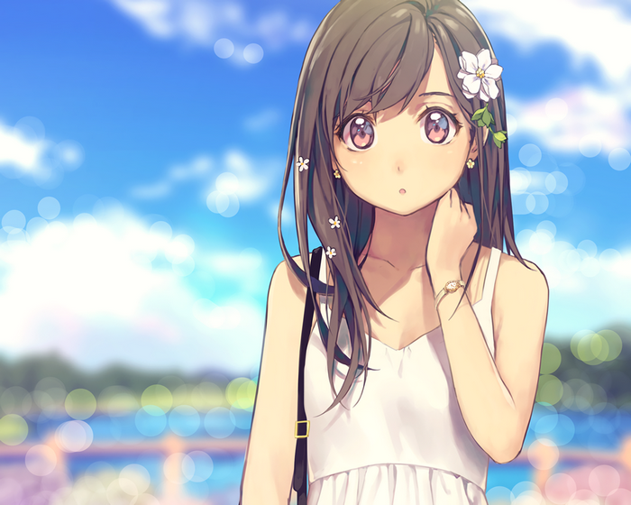 Anime girl with long brown hair and white dress