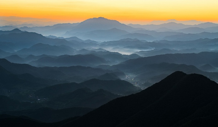Misty mountains in South Korea at sunrise