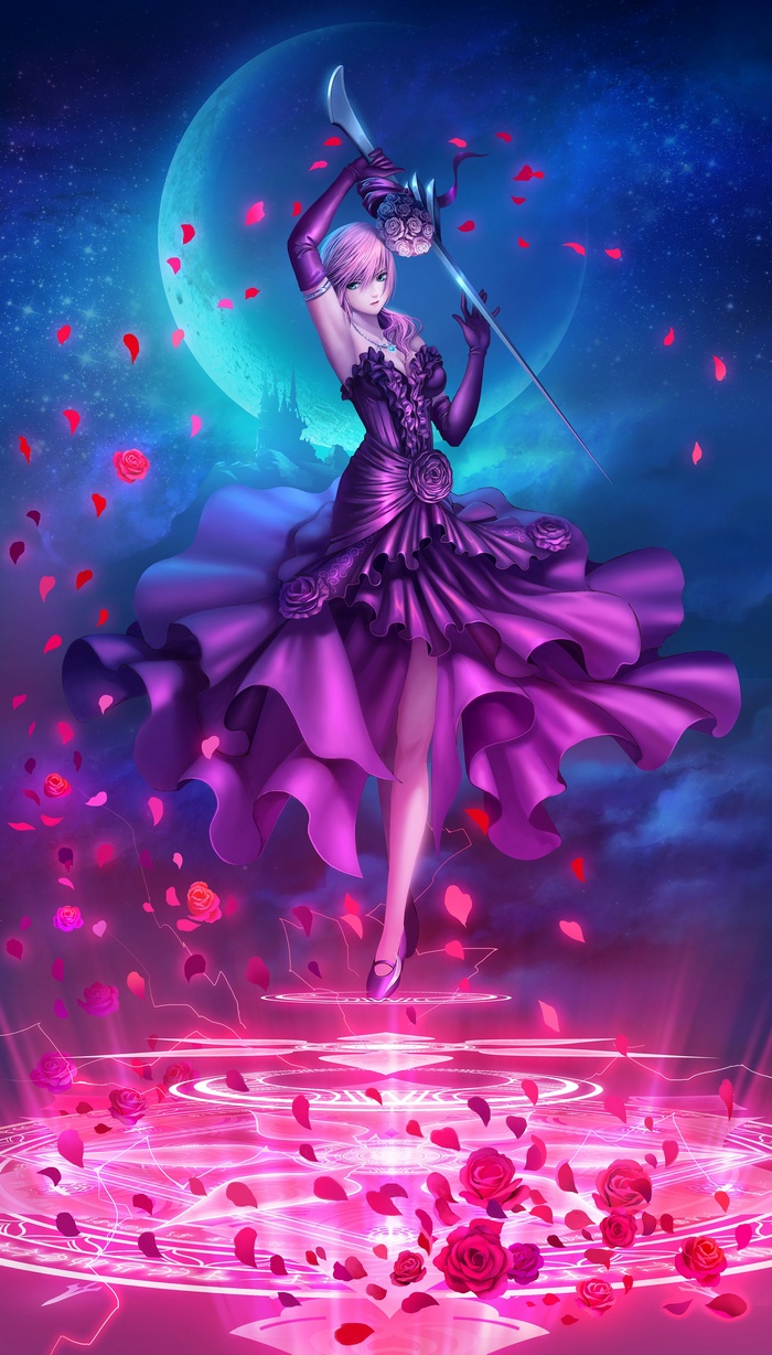Lightning in a purple dress holding a sword