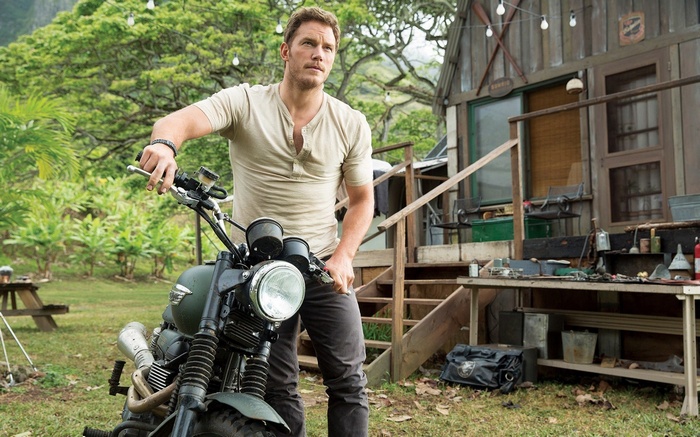 Chris Pratt on a Triumph Scrambler motorcycle