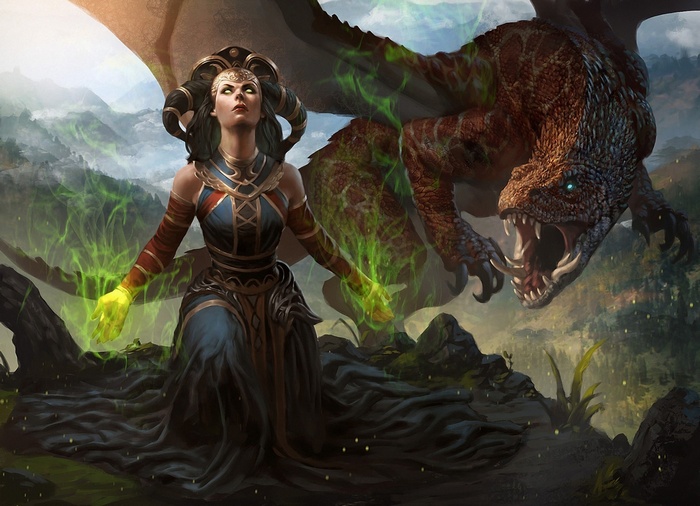 Fantasy art of a woman and a dragon