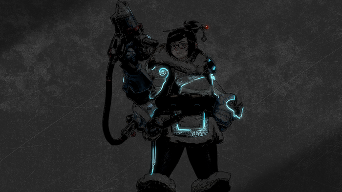 Mei from Overwatch holding a large weapon