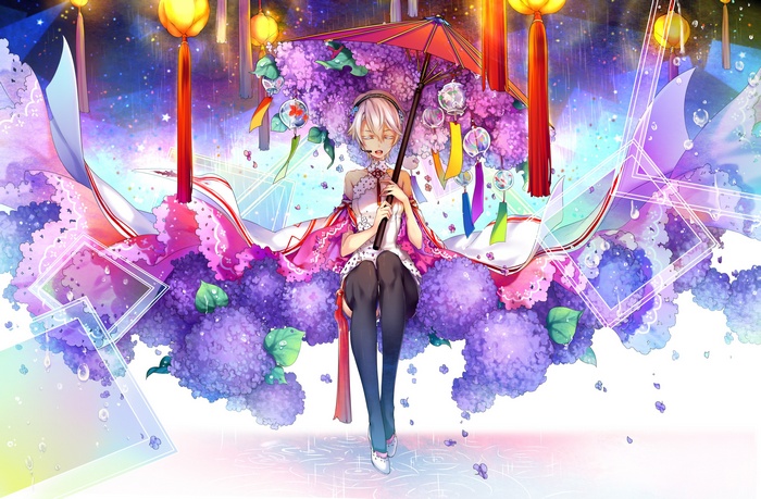 Yan He with umbrella surrounded by flowers and lanterns