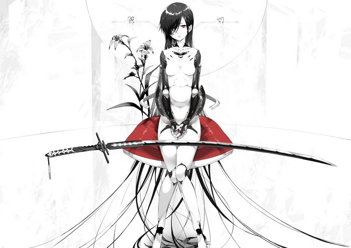 Anime robot girl with katana and lilies