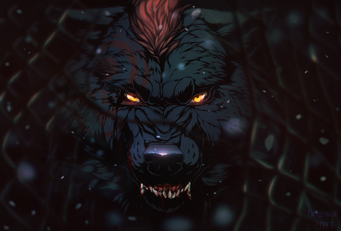 Fierce wolf with glowing eyes behind a fence