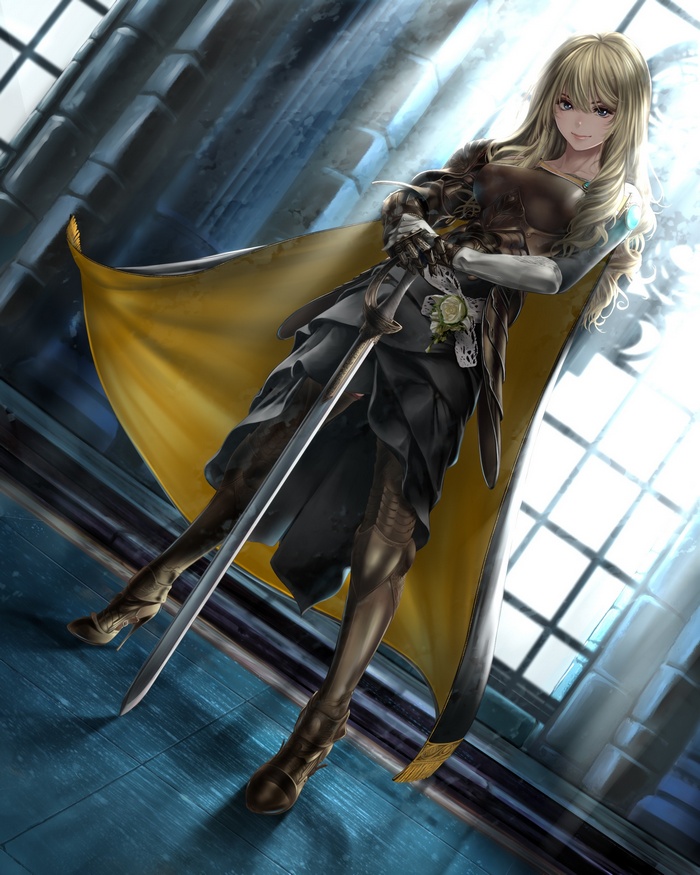 Anime girl with sword and yellow cape