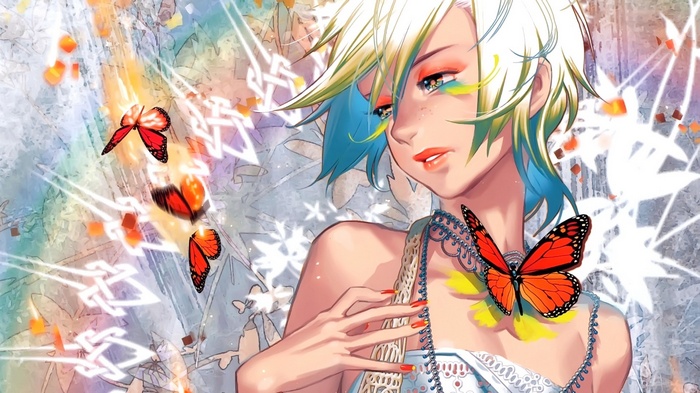 Anime girl with blonde and blue hair and butterflies