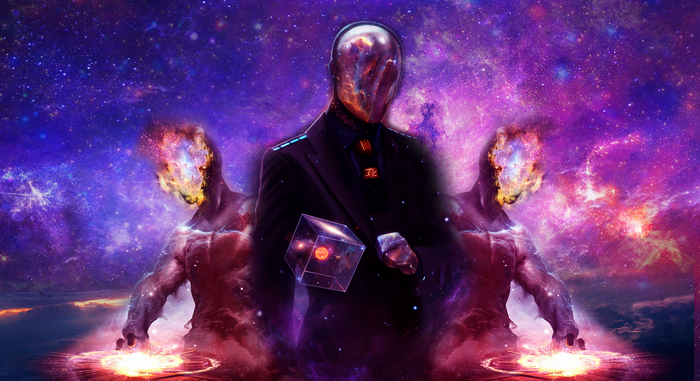 Galaxy beings holding a cube and creating energy