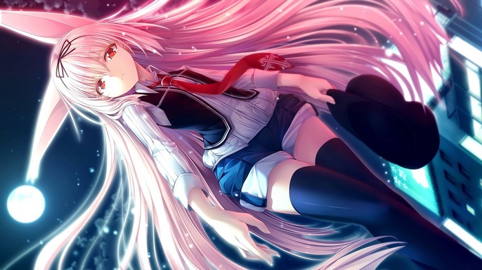 Anime girl with long blonde hair and red eyes