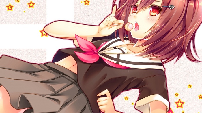Anime girl with short brown hair and red eyes eating a lollipop
