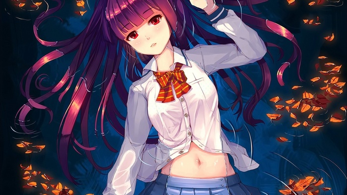 Anime girl with red eyes and purple hair in school uniform
