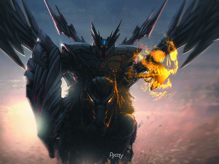 Dark robotic mech with fiery skull weapon