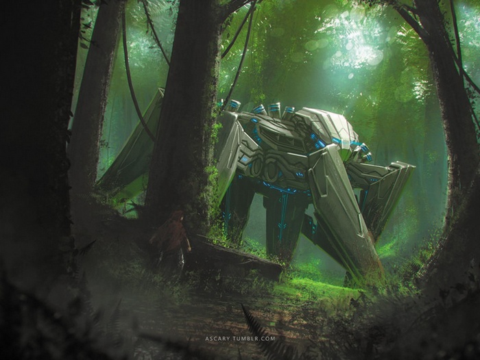 A large mechanical spider-like mech in a forest