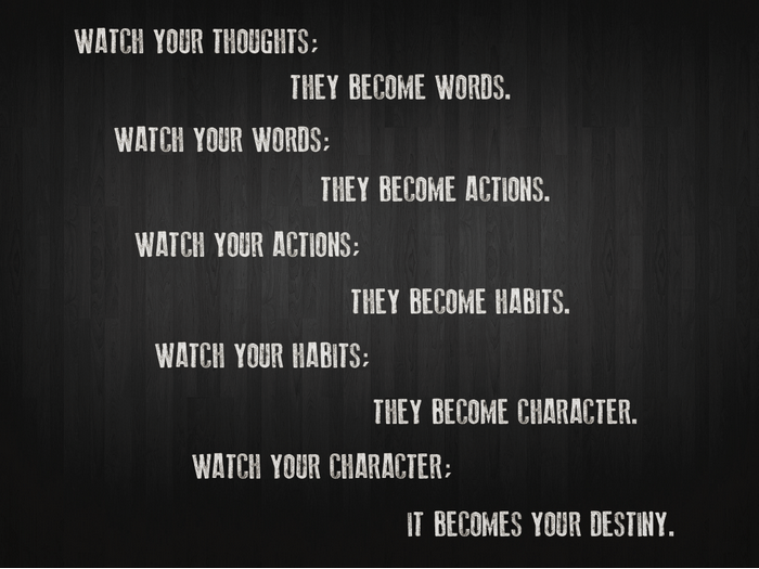 Motivational quote about thoughts, words, actions, habits, character, and destiny