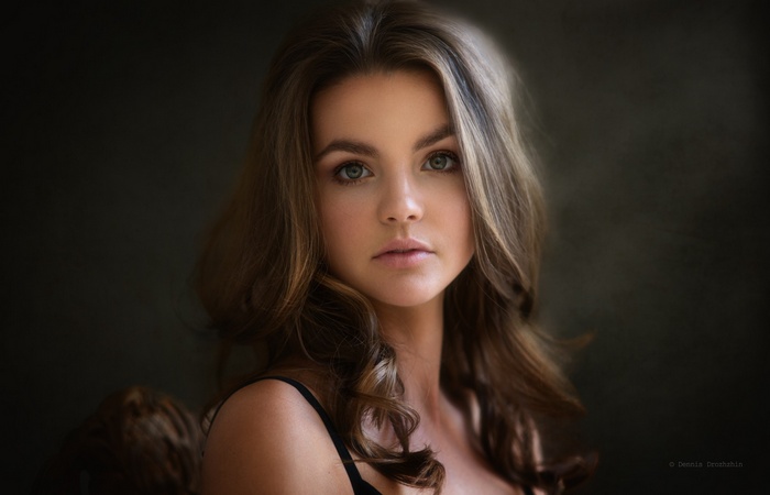 face, Dennis Drozhzhin, looking at viewer, 500px, wavy hair, long hair, Kate, women, portrait, brunette, pink lipstick, green eyes