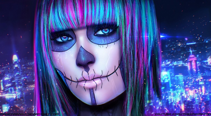 Digital art of a woman with Dia de los Muertos makeup