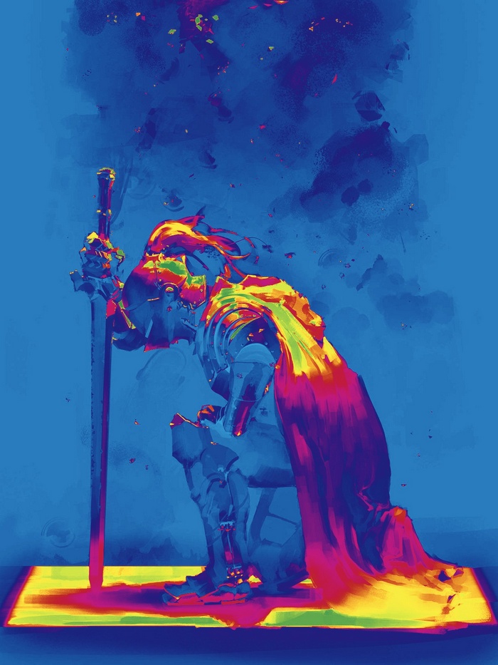 Knight kneeling with sword, colorful effect
