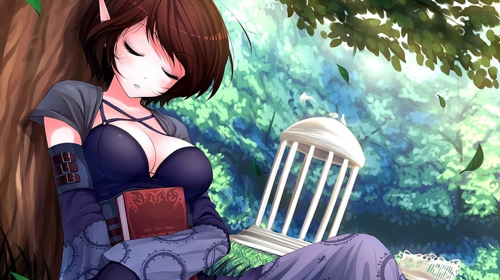 Anime girl with pointed ears sleeping by a tree