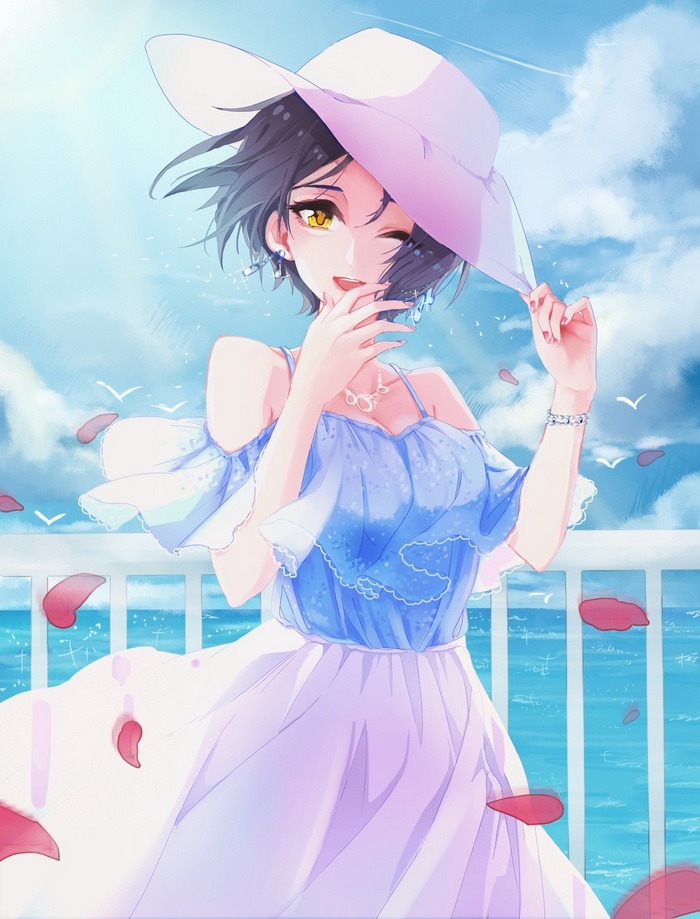 Hayami Kanade in a blue dress and hat by the sea