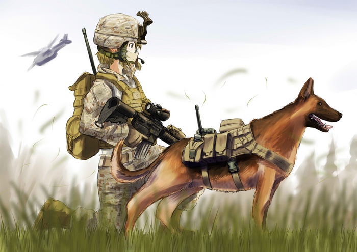 Anime soldier with military dog and jet