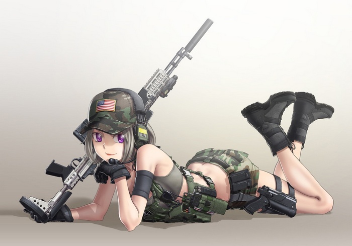 Anime girl with purple eyes and silver hair in military uniform with guns