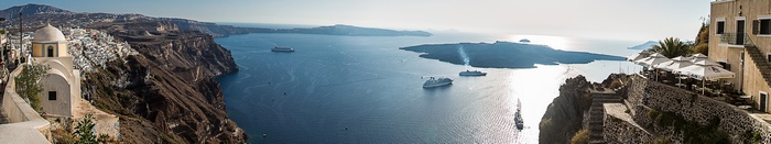 Santorini panorama with cruise ships in the Aegean Sea