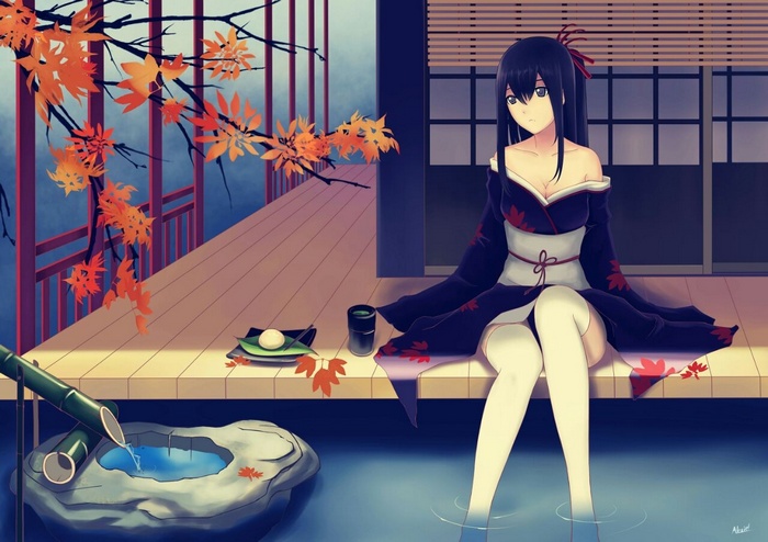 Anime girl in kimono by a pond with autumn leaves