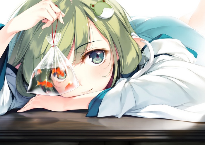 Kochiya Sanae holding a bag of goldfish