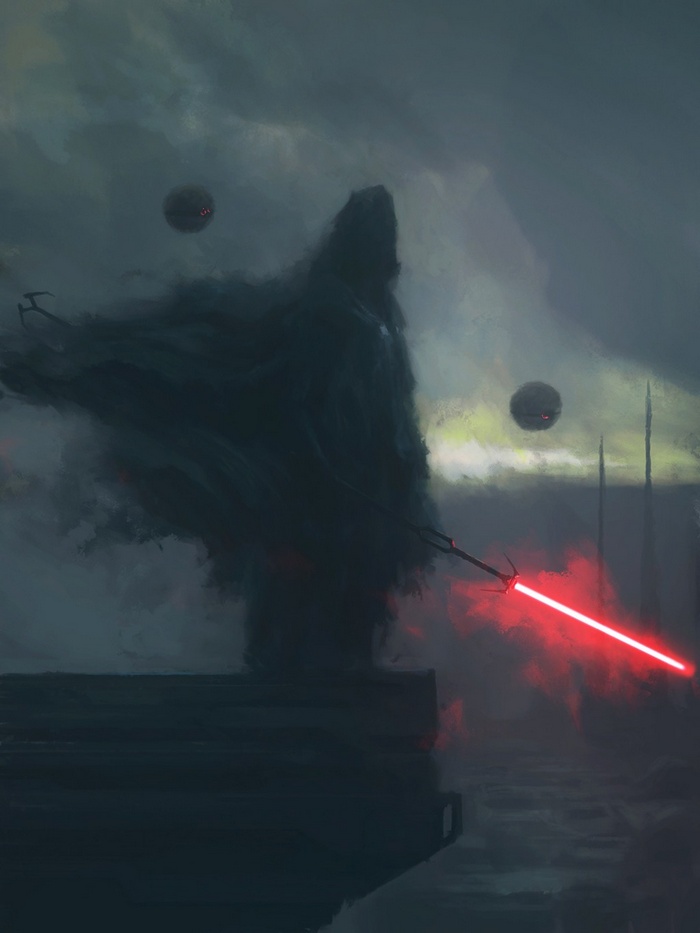 Sith Lord with Red Lightsaber and Droids