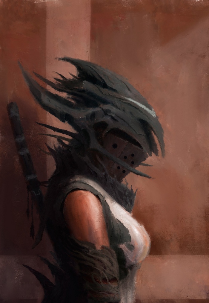 Dark fantasy warrior in spiky armor and helmet