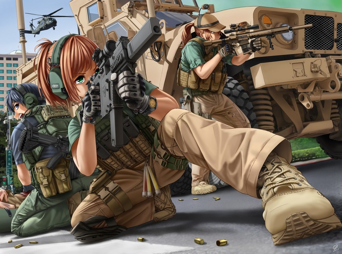Anime girls in tactical gear with weapons near military vehicle