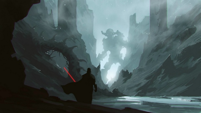 Darth Vader and a giant robot in a rocky canyon