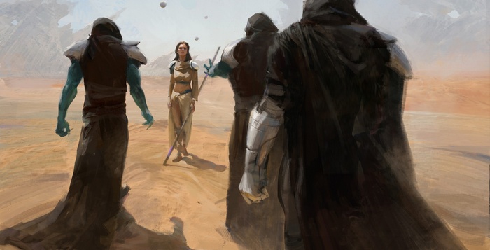 Artwork of a woman facing hooded figures in a desert