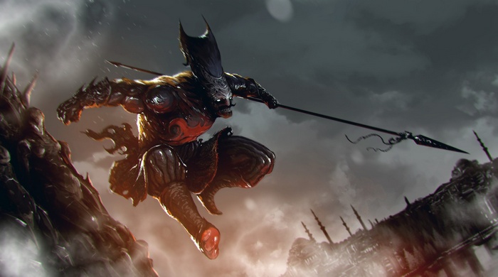 Digital painting of a warrior with a spear