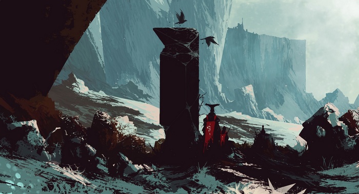 Dark fantasy landscape with ancient ruins and birds