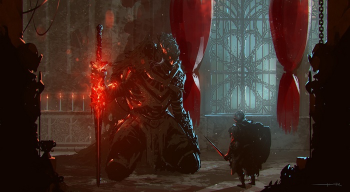 Dark Souls III concept art of two knights in a grand hall
