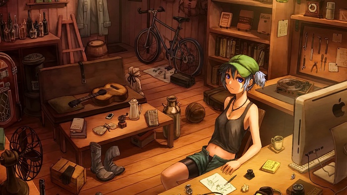 Anime girl with blue eyes and hat in a workshop