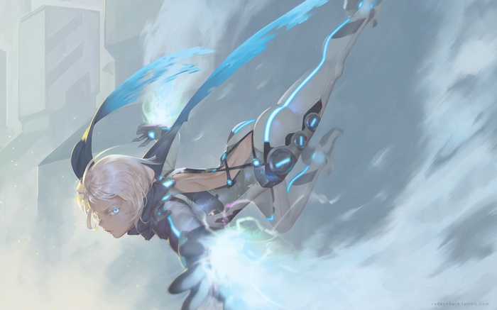 Fantasy art of a winged cyborg girl in the sky