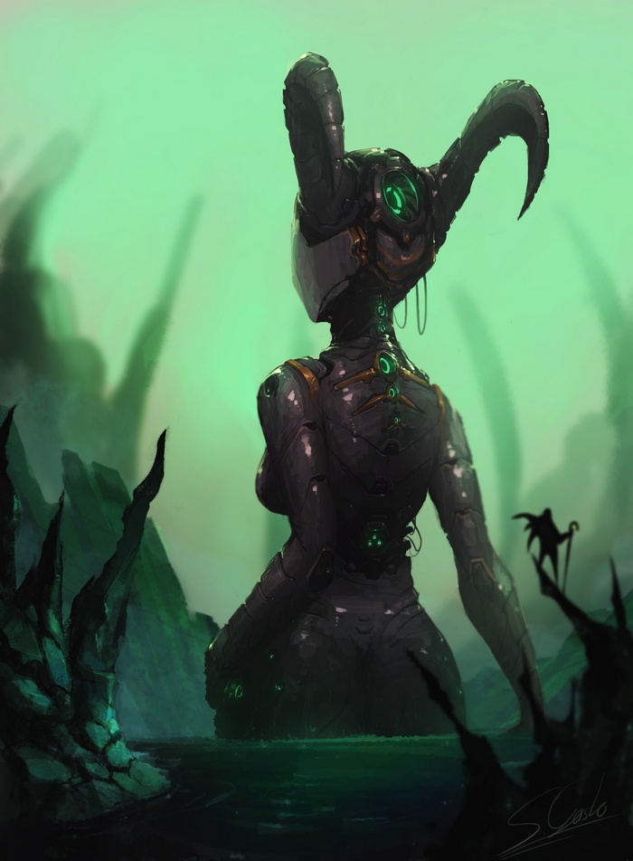 Fantasy art of a robotic creature with horns