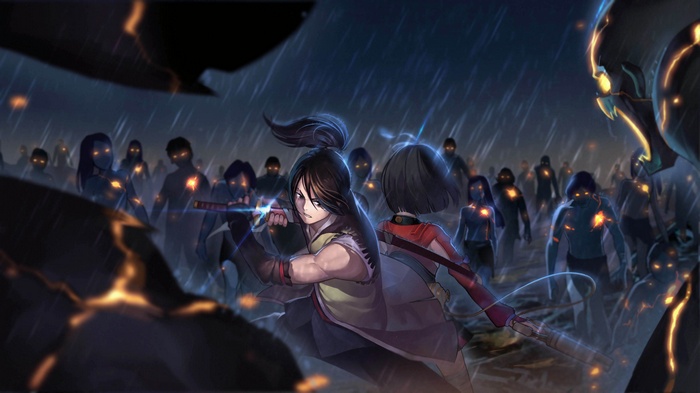 Mumei and Nanashi fight zombies in the rain