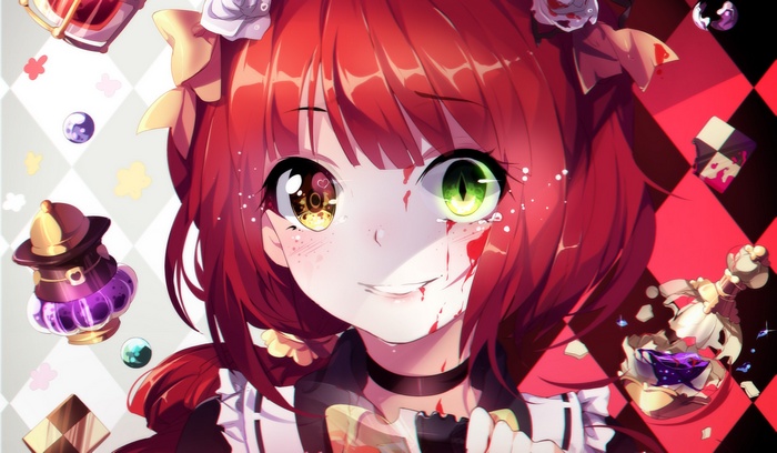 Anime girl with heterochromia and blood