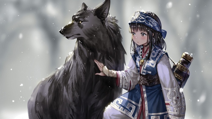 Anime girl with wolf in winter snow