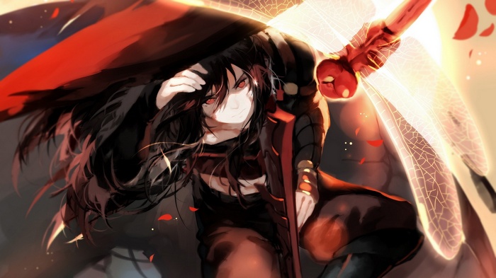 Anime girl with black hair and red eyes and dragonfly wings