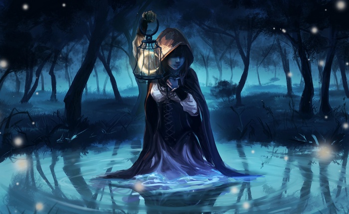 Woman with lantern in a dark, misty forest