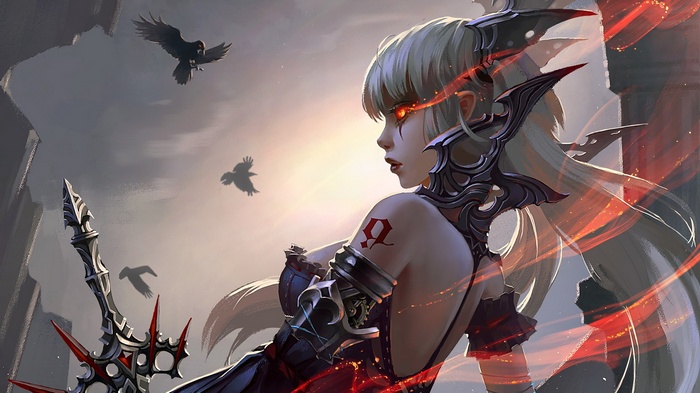 Fantasy art of a woman with glowing eyes and a sword