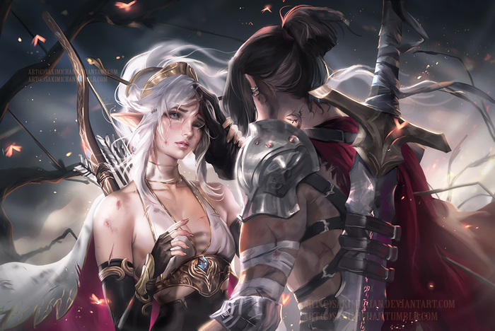 Sakimichan Fantasy Art of Elven Archer and Warrior