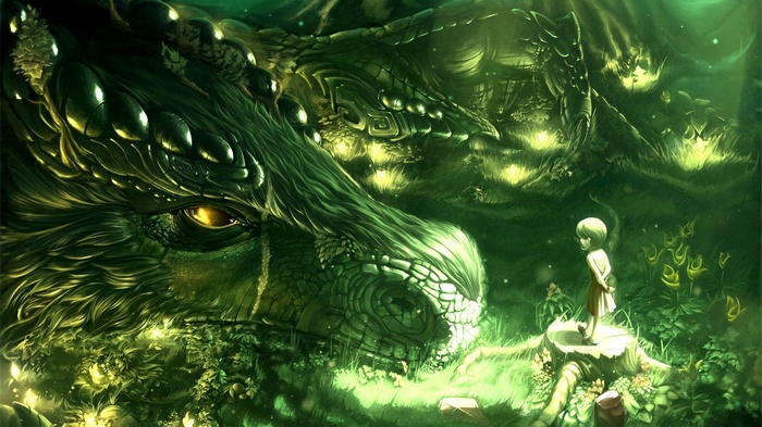 A child stands before a giant dragon in a forest