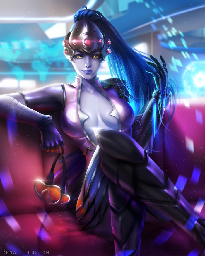 Widowmaker from Overwatch sitting on a couch