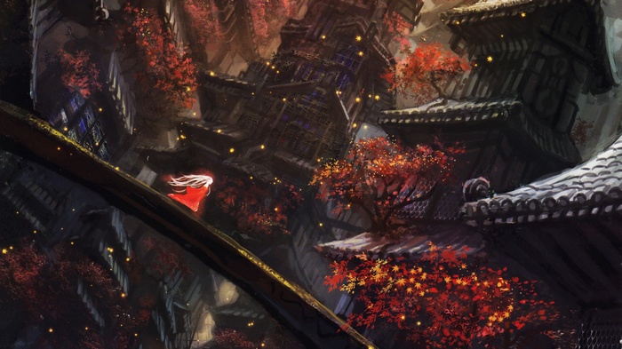 Fantasy oriental city with a girl in red